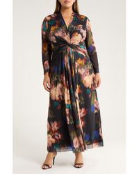 Anne Klein - Blurred Floral Twist Front Long Sleeve Mesh Maxi Dress - Lyst