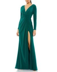 Mac Duggal - Classic Long Sleeve Jersey Evening Gown With V-Neck, Pleated Bodice, And Thigh-High Slit - Lyst