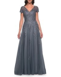 La Femme - A-Line Tulle Gown With Lace Applique And Short Sleeves - Lyst