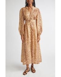 Zimmermann - Cascadian Leopard Print Long Sleeve Linen Midi Dress - Lyst