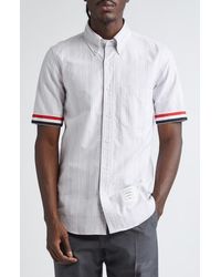 Thom Browne - Straight Fit Stripe Short Sleeve Cotton Button-Down Shirt - Lyst