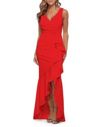 Betsy & Adam - V-Neck Cascade Ruffle High-Low Gown - Lyst