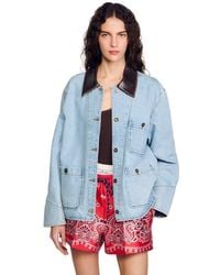 Sandro - Denim Jacket With Leather Collar - Lyst