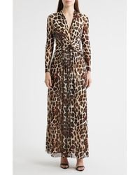 Anne Klein - Leopard Print Twist Front Long Sleeve Mesh Maxi Dress - Lyst
