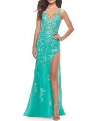 La Femme - Lace Long Dress With High Side Slit And V Neckline - Lyst