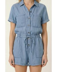 Modenaire - Utility Button-Up Denim Romper With Pockets And Drawstring Waist - Lyst