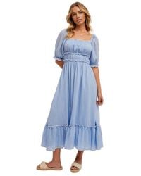 Knit & Lounge - Puff Sleeve Square Neck Midi Dress With Tiered Skirt And Ruffle Trim - Lyst