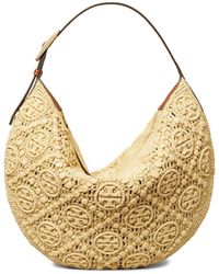 Tory Burch - T-Monogram Woven Raffia Straw Shoulder Bag - Lyst