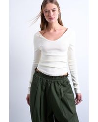TOPSHOP - Double V-Neck Long Sleeve Stretch Cotton Rib Top - Lyst