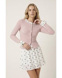 Modenaire - Ribbed Knit Two Piece Set With Ruffle Collar Cardigan And Polka Dot Skirt - Lyst