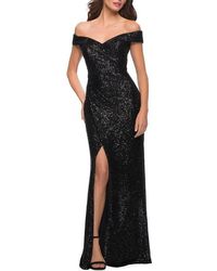 La Femme - Off The Shoulder Ruched Sequin Dress With Slit - Lyst