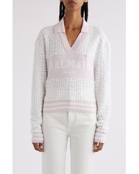Balmain - Sponge Knit Monogram Long Sleeve Polo Sweater - Lyst