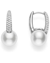 Mikimoto - Akoya Cultured Pearl & Diamond Hoop Earrings - Lyst