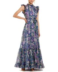 Mac Duggal - Belted Floral Chiffon Ruffle Sleeve Gown - Lyst