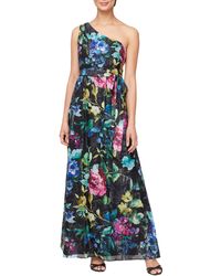 Sl Fashions - Floral Tie Waist One-shoulder Gown - Lyst