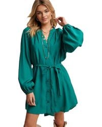Knit & Lounge - Belted Button-Up Bishop Sleeve Mini Dress - Lyst