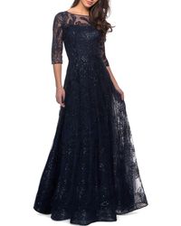 La Femme - A-Line Lace Sequin Gown With Sheer Scoop Neckline - Lyst
