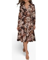 Donna Karan - Floral Long Sleeve Faux Wrap Midi Dress - Lyst