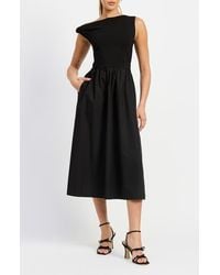 En Saison - Mixed Media Asymmetric Neck Midi Dress - Lyst