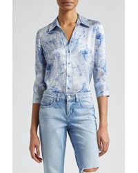 L'Agence - Dani Denim Print Silk Button-up Shirt - Lyst