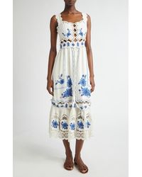 FARM Rio - Richilieu Embroidered Linen Blend Midi Sundress - Lyst