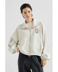 Brunello Cucinelli - Cotton Smooth French Terry Sweatshirt With Zip And Embroidered Logo - Lyst