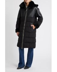 Sam Edelman - Mixed Media Faux Shearling Puffer Coat With Removable Hood - Lyst