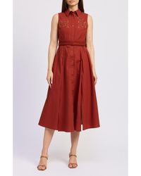 En Saison - Megumi Eyelet Detail Cotton & Linen Midi Shirtdress - Lyst