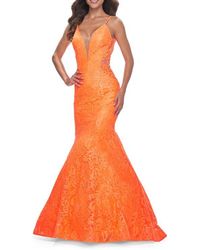 La Femme - Long Mermaid Lace Dress With Back Rhinestone Detail - Lyst