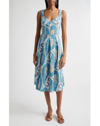 Etro - Paisley Print Pleated Fit & Flare Cotton Poplin Midi Dress - Lyst