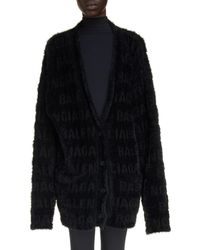 Balenciaga - Oversize Furry Logo Jacquard Wool Blend Cardigan - Lyst