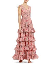 Mac Duggal - Drawstring Shoulder Floral Chiffon Tiered Gown - Lyst