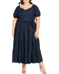 City Chic - Puff Sleeve Tie Belt Midi Dress - Lyst