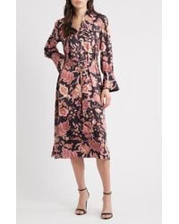 Julia Jordan - Long Sleeve Tie Belt Satin Midi Shirtdress - Lyst