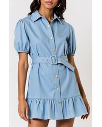 Modenaire - Short Sleeve Belted Button-Up Mini Dress With Puff Sleeves - Lyst