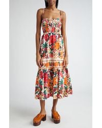FARM Rio - Floral Sketch Tiered Cotton Midi Dress - Lyst