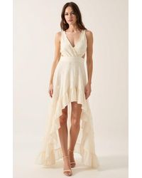 Modenaire - High-Low Ruffle Hem Dress With Cutout Waist And Wrap Bodice - Lyst