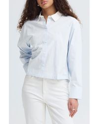 Ichi - Stripe Split Hem Crop Cotton Button-Up Shirt - Lyst