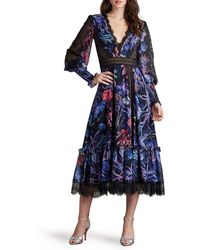 Tadashi Shoji - Print Lace Trim Long Sleeve Midi Dress - Lyst