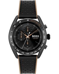 BOSS - Black-plated Chronograph Watch With Perforated Leather Strap - Lyst