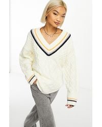 ASOS - V-neck Cable Knit Varsity Sweater - Lyst