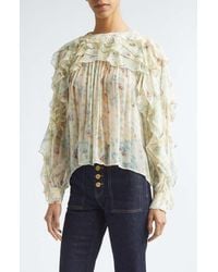 Ulla Johnson - Willow Floral Ruffle Trim Silk Top - Lyst