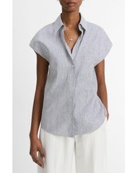 Vince - Ticking Stripe Cap Sleeve Linen & Cotton Button-Up Shirt - Lyst