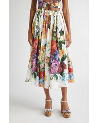 Dolce & Gabbana - Floral Print Pleated Cotton Poplin A-Line Midi Skirt - Lyst
