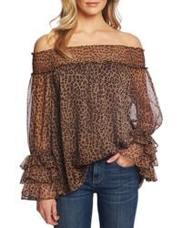 Cece Off-the-shoulder Long Sleeve Ruffle Detail Smocked Leopard Print Blouse - Brown