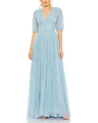 Mac Duggal - V Neck Puff Sleeve Ruffle Tiered A Line Gown - Lyst