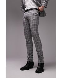 TOPMAN - Skinny Fit Check Cotton & Linen Flat Front Dress Pants - Lyst