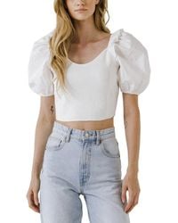 English Factory - Mixed Media Crop Puff Sleeve Top - Lyst