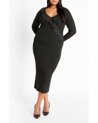 City Chic - Auralie Ruffle Detail Long Sleeve Rib Sweater Dress - Lyst