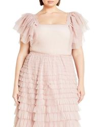 City Chic - Azariah Shirred Tulle Sleeve Bodysuit - Lyst
